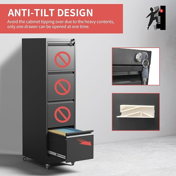 4 Drawer Mobile File Cabinet with Lock,Black Metal Locking Filing Cabinets,Vertical File Cabinet for Home Office,Rolling Storage Cabinet for A4/Letter/Legal Size File,Assembly Required