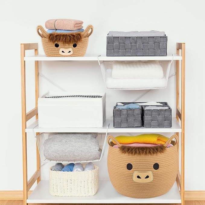 Highland Cute Cow Basket Set for Nursery, Woven Storage Cotton Rope Basket, Baby Blanket 0rganizer with Ears Handles, Blanket Towel Decor Toy Clothes Gifts Storage Cat Dog Bin, Pack of 2