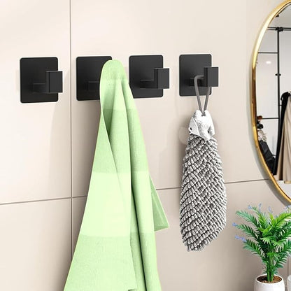 Adhesive Towel Hooks, Shower Hooks for Hanging Robe, Coat, Hat, Loofah, Heavy Duty Wall Hooks Stick on Bathroom, Kitchen and Office (4 Pack, Black)