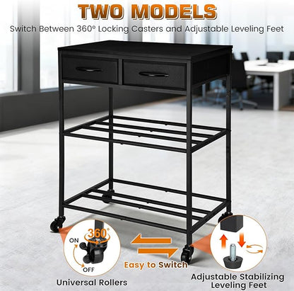 3D Printer Filament Storage Shelf with Drawers& Wheels, Black 2-Tier 3D Printer Filament Metal Stand with Storage, Adjustable Filaments Organzied Rack for Workshop Studio Office, 4 Leveling Feet