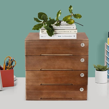 4 Drawers Wood Storage Box, Flat File Cabinet, Storage Cabinet Organizer with Lockable Drawers, Office Supplies File Organizer, Art Storage Cabinets, Multipurpose Tool Box for Home Office (Walnut)