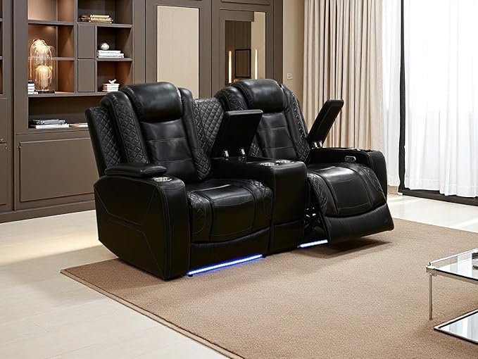 Power Reclining Loveseat Set, Breathing Leather Power Recliner Living Room Furniture Sets Recliner Living Room Furniture Sofa Loveseat with Cup Holder/LED Light/USB Port for Office