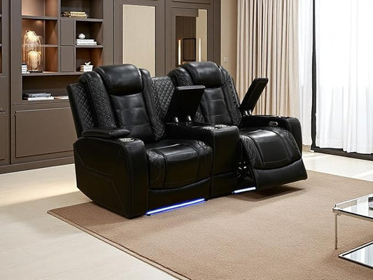 Power Reclining Loveseat Set, Breathing Leather Power Recliner Living Room Furniture Sets Recliner Living Room Furniture Sofa Loveseat with Cup Holder/LED Light/USB Port for Office