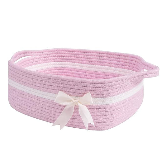 CHICVITA Pink Baby Girl Gift Basket, Small Woven Rope Basket, Rectangle Shelf Baskets for Bathroom, Cute Nursery Storage Baskets for Toys, Diapers, Towels, Snacks, 13 x 9.8 x 5 inches