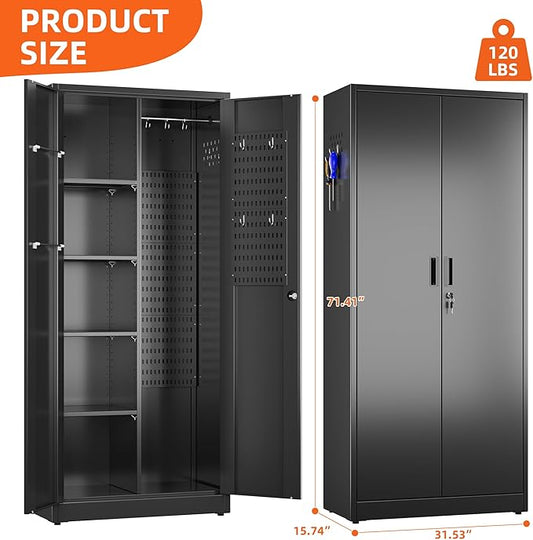 Aobabo Broom Closet Storage Cabinet, Lockable Garage Storage Cabinet for Home Garage, 71.41" H×31.53" W×15.74" D, Assembly Required, Black
