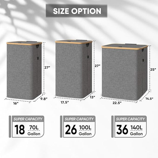 BALEINE Laundry Hamper with Lid, Tall Laundry Baskets with Bamboo Pull Handles, Large Laundry Bin with Internal Support (26 Gal/100L, Beige) (Pack of 2)