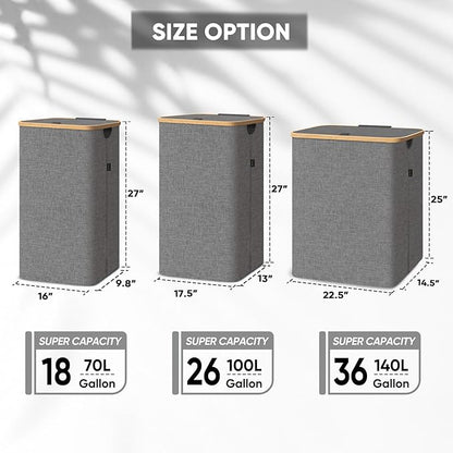 BALEINE Laundry Hamper with Lid, Tall Laundry Baskets with Bamboo Pull Handles, Large Laundry Bin with Internal Support (36 Gal/140L, Grey)