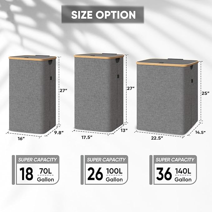 BALEINE Laundry Hamper with Lid, Tall Laundry Baskets with Bamboo Pull Handles, Large Laundry Bin with Internal Support (18 Gal/70L, Black)
