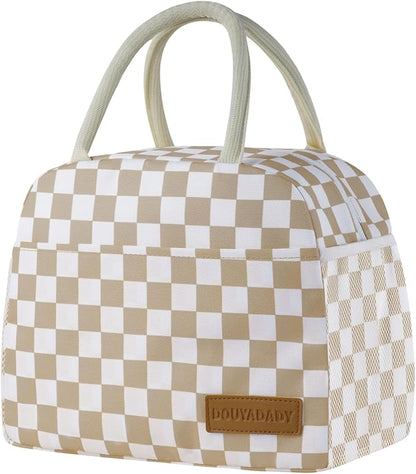 Lunch Bag Women/Men Lunch Box Women/Men (Khaki+White Checkerboard)