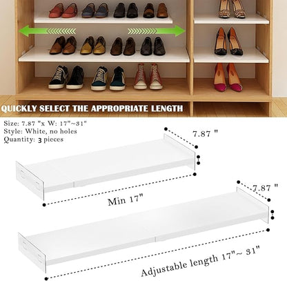 Expandable Closet Organizer Shelves, 3 Pack Adjustable Metal Storage Shelves Dividers for Wardrobe Cupboard Kitchen (White,7.9" D x 17"-31" W,3PCS)