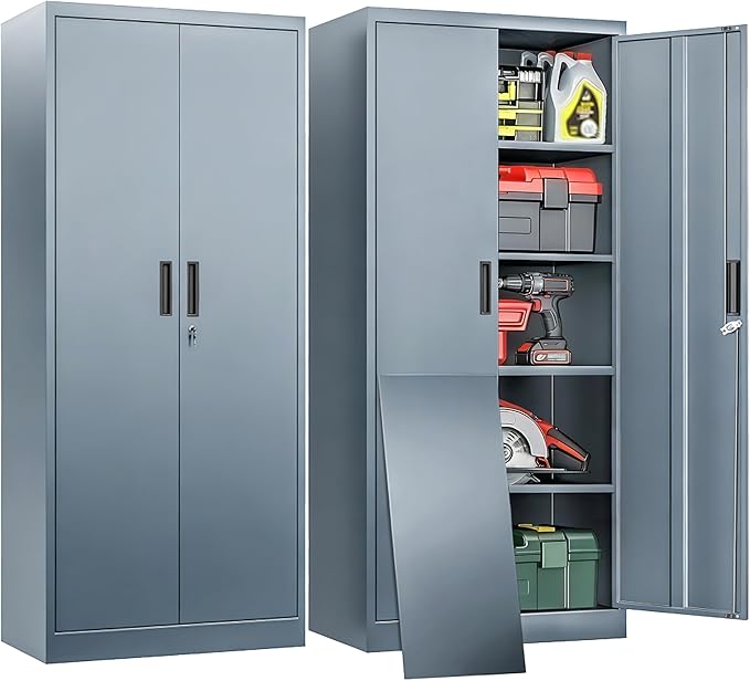 BESFUR Metal Garage Storage Cabinet with Locking Doors and 4 Adjustable Shelves, Gray Tall Storage Cabinets, Tool File Lockable Cabinet for Garage Office Warehouse Shop(71”H)