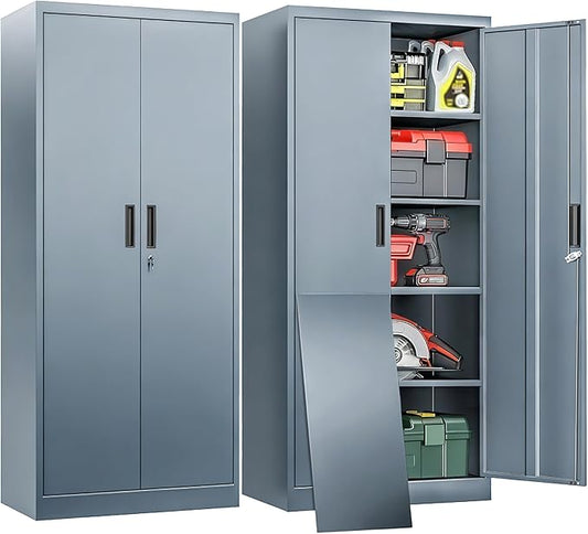 BESFUR Metal Garage Storage Cabinet with Locking Doors and 4 Adjustable Shelves, Gray Tall Storage Cabinets, Tool File Lockable Cabinet for Garage Office Warehouse Shop(71”H)