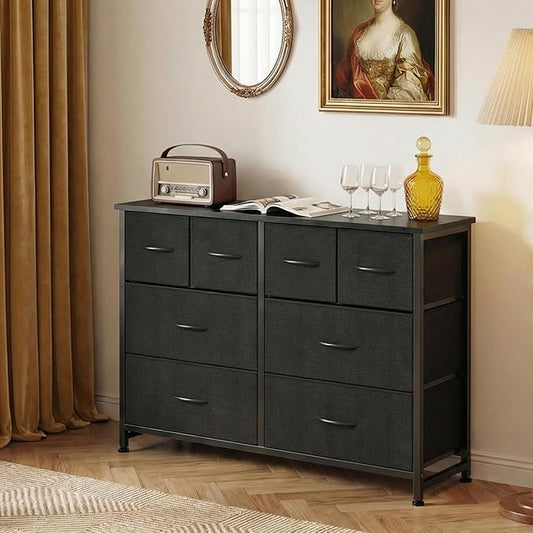 DUMOS TV Stand, Dresser with 8 Fabric Drawers, Spacious Storage Tower for Closet, TV Stand with Wood Top and Mental Frame, Storage Unit for Living Rooms, Bedroom and Entryway, Black