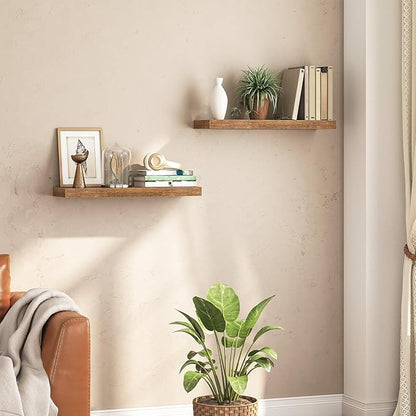 HOOBRO Floating Shelves for Wall, Wall Mounted Shelf Set of 2, 23.6" Hanging Shelf with Invisible Brackets, for Wall in Bathroom, Bedroom, Toilet, Kitchen, Living Room, Office, Rustic Brown BF60BJ01
