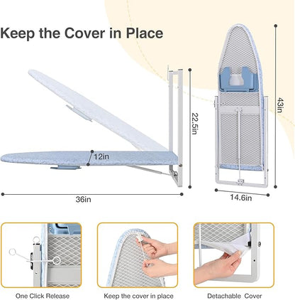 KINGBOARD Wall Mounted Ironing Board with Iron Holder, Compact Ironing Board for Small Spaces, Foldable Iron Stand Heat Resistant Cover, 36" X 12" Light Blue