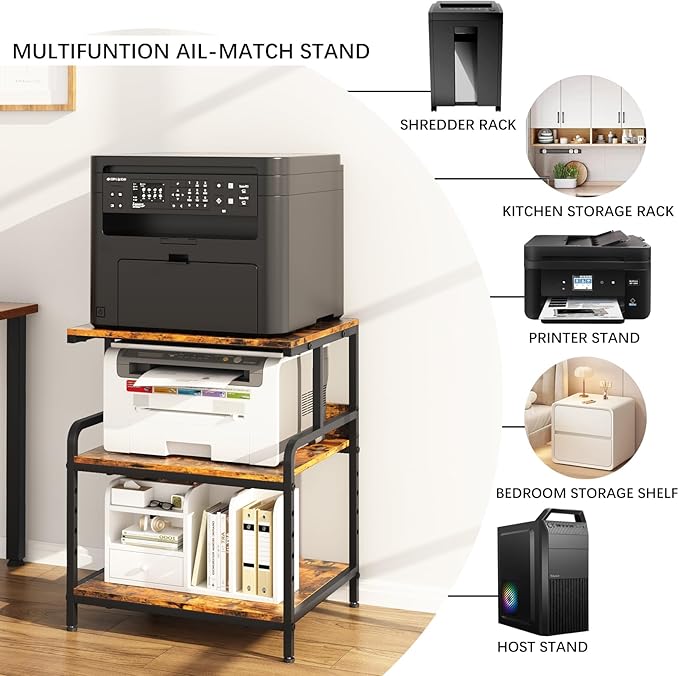 Large Printer Stand with Storage Shelf, 23.6" W x 18.9" D Printer Cart with Wheels, 3 Tier Mobile Printer Table for Home Office,Stands for Heat Press Scanner Fax (Brown)
