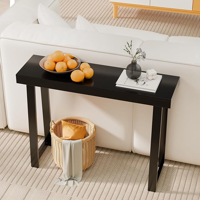 VINGLI 42.9" Black Console Table, Solid Wood Entryway Table, Narrow Sofa Table Behind Couch, Thin, for Living Room, Entrance, Hallway, Foyer, Bedroom, Office