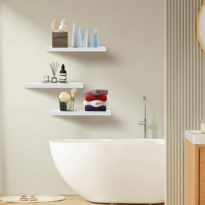 White Floating Shelves for Wall Set of 3, 16" White Shelves for Home Decor, Frame Display Wall Mounted Floating Shelf for Living Room, Bedroom, Bathroom, Kitchen