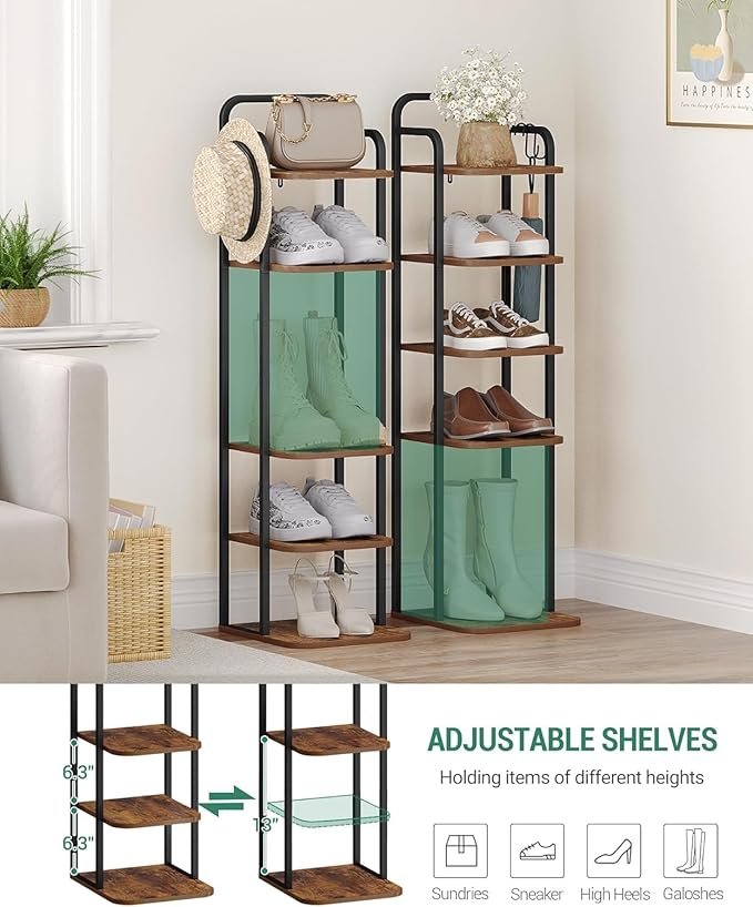6 Tiers Vertical Shoe Rack, Narrow Shoe Tower, Tall Shoes Shelf with 2 Hooks, Adjustable Shelves, Corner Shoes Shelves for Small Spaces, Entryway, Living Room, Rustic Brown SR04201B