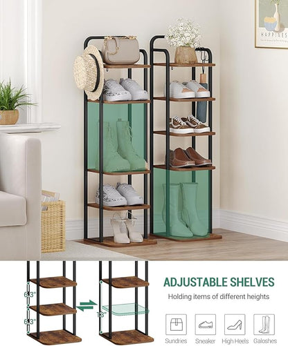 6 Tiers Vertical Shoe Rack, Narrow Shoe Tower, Tall Shoes Shelf with 2 Hooks, Adjustable Shelves, Corner Shoes Shelves for Small Spaces, Entryway, Living Room, Rustic Brown SR04201B
