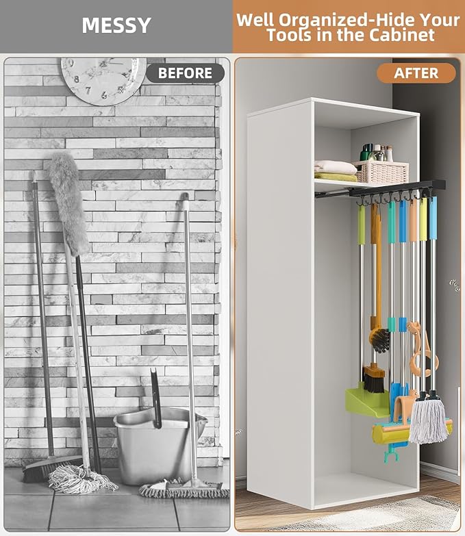 Pull Out Broom Holder With Adjustable Double Row Sliding Hook, Multifunctional Slide Broom And Mop Storage/Organizer Garage Organization Hooks, for Closet Laundry Garage Cupboard - 46cm/18.11inch