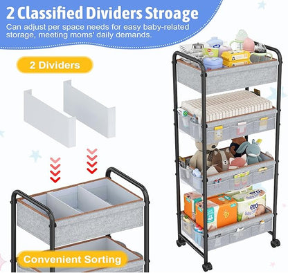 4-Tier Rolling Sorage Cart,Baby Diaper Caddy Organizer, Nursery Baby Storage with Wheels, 2 Dividers & 21 Pockets，Metal Utility Cart for Nursery, Crib, Bedroom, Art & Craft Organizers