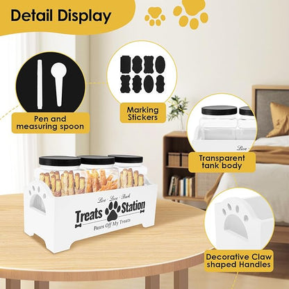Dog Treat Container with 3 Plastic Treat Jars Wood Dog Food Container with Handles Dog Food Storage Container Decorative Cat Food Container for Dog Food Storage (White)