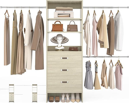96'' Closet Organizer System with 3 Hanging Rods, 8FT Closet Organizers and Storage with 3 Wooden Drawers, Built in Closet Organizer Systems, Adjustable Walk-in Wardrobe from 2-8FT, White Oak