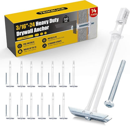Drywall Anchor with Included Bolts for 3/16”-24, Heavy Duty Hollow Drywall Anchors for TV Mounting Kit, Stainless Steel Hollow Wall Anchors Holds up to 240 lbs Each in 1/2-in Drywall-14 Pack