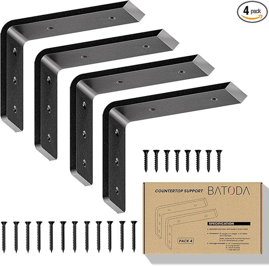 BATODA 8” Countertop Support Steel Brackets (4 PCS) for Large Granite - Heavy Duty L Floating Shelf Bracket - Black Metal Wall Mounted Support for Wood Shelving