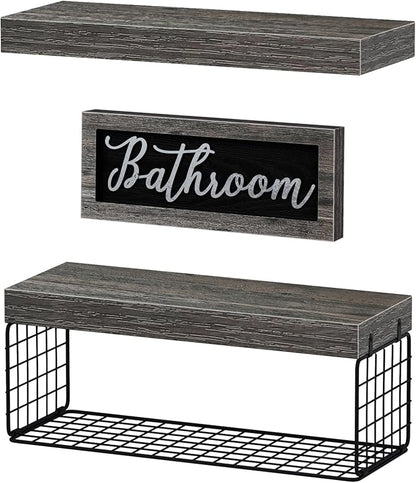 QEEIG ‎Bathroom Shelves Over Toilet - Paper Storage Wall Mounted Farmhouse Decor Decorations Aesthetic Décor Sign Small Floating Shelf 2+1 Set 16 inch, Grey (020GY)