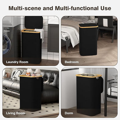 100L Laundry Hamper with Lid, Large Laundry Basket with Bamboo Handles, Clothes Hampers for Laundry with Removable Bag, Dirty Clothes Hampers for Bedroom Aesthetic, Black
