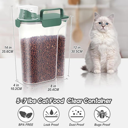 5-7lbs Cat Dog Storage Container Portable with Upgraded Large Spout and Cup, Plastic Pet Food Dispenser BPA-Free for Small Animal Kibble, Bird Seed, Oatmeal, Rice, Flour-2Pack Dark Green