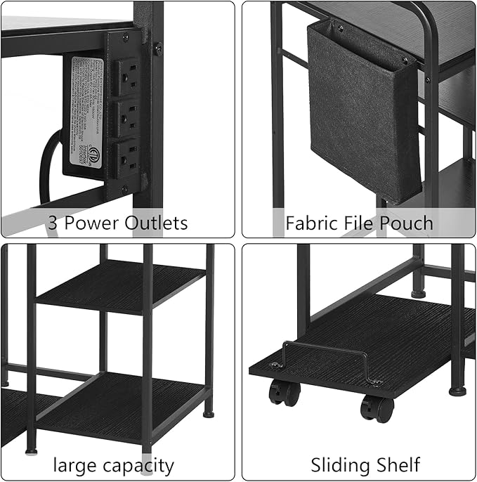 Home Printer Stand with Charging Station, 24x18 Inches Stands for Large Printer, Printer Shredder Stand with Storage for Home Office, Table for Fax Machine/PC Tower (Black)