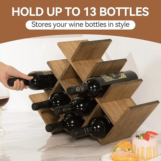 KIRIGEN 13-Bottle Wine Rack 4-Tier Nature Wood Wine Display Rack/Standing and Countertop Storage Shelf - Bottle Holder/Cabinet Glass 4-Layer Dark Brown XHJJ4-DBR