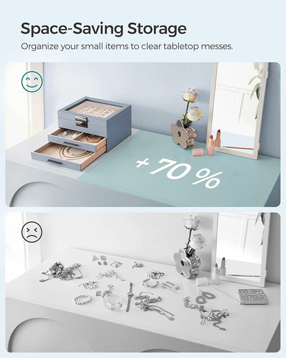 SONGMICS GISELLA Collection - Jewelry Box Organizer, 3-Layer Jewelry Storage with 2 Drawers, Shiny Metal Hardware, Glass Lid, Modern, 8 x 9.1 x 5.3 Inches, Smoky Blue and Silver Color UJBC239BU