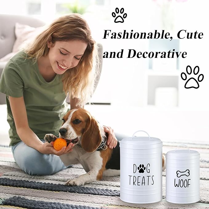 Dog Treat Container Airtight, Dog Treat Jar Set of 2 with Lid - 9x5.5''&7x4'' Metal Dog Cookie Jar for Farmhouse Kitchen Counter, White Pet Treat Container, Dog Treat Storage Container for Dogs, Cats