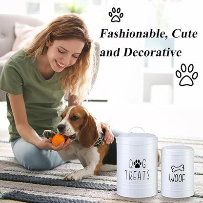 Dog Treat Container Airtight, Dog Treat Jar Set of 2 with Lid - 9x5.5''&7x4'' Metal Dog Cookie Jar for Farmhouse Kitchen Counter, White Pet Treat Container, Dog Treat Storage Container for Dogs, Cats