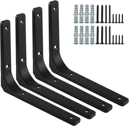 SAYAYO 4 PCS Metal Wall Shelf Bracket, 10 x 8 Inch Heavy Duty Shelf Support Bracket Decorative Joint Angle Bracket, Matte Black
