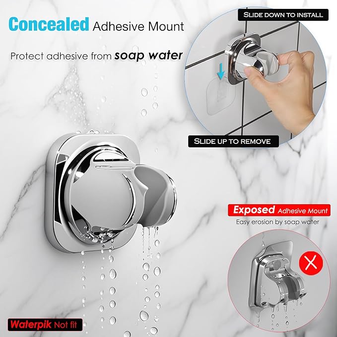 Handheld Shower Head Holder - 5 Angles Adjustable - Concealed Adhesive Mount - Screw Alternative - Bathroom Wall Mounted Shower Wand Holder ( Chrome Finish)