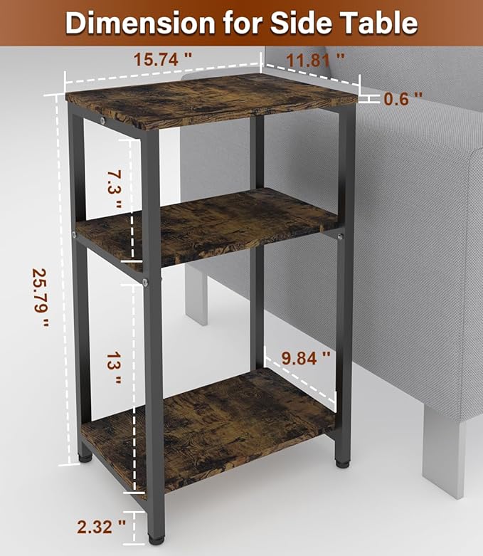 3 Tier Side Table, Heavy Duty End Table with Shelves, Narrow Nightstand for Small Spaces, Record Player Table for Bedroom, Living Room, Sofa Couch - Rustic Brown & Black