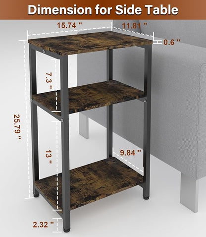 3 Tier Side Table, Heavy Duty End Table with Shelves, Narrow Nightstand for Small Spaces, Record Player Table for Bedroom, Living Room, Sofa Couch - Rustic Brown & Black