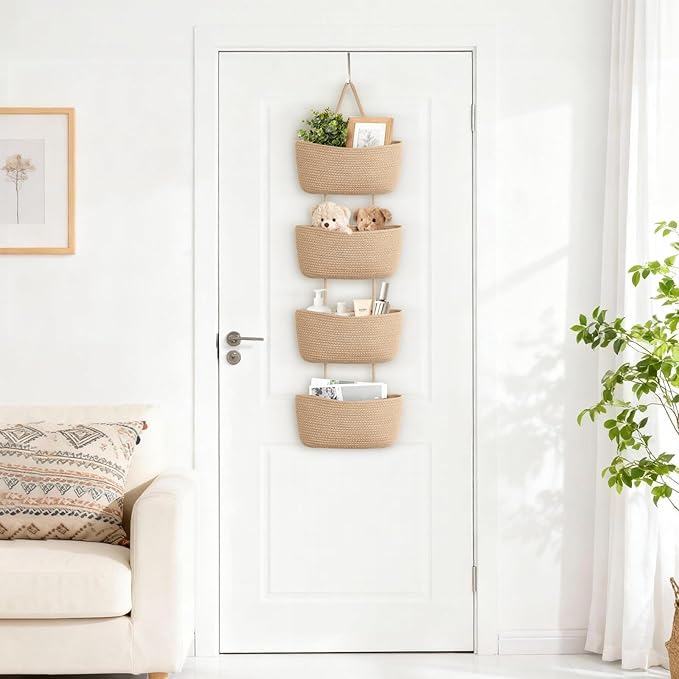 Dahey Over The Door Hanging Basket 4-Tier Woven Boho Wall Mounted Storage Organizer with Hooks for Bedroom Nursery Bathroom Apartments Dorm Pantry Decor, Jute