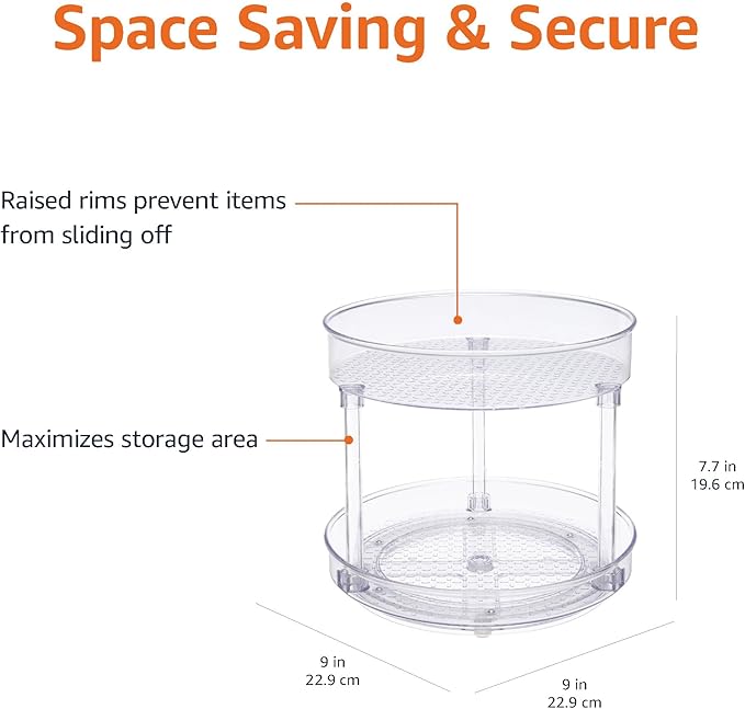 Amazon Basics Lazy Susan Turntable Organizer,9" Diameter,2 Tier,Clear,(Pack of 8)