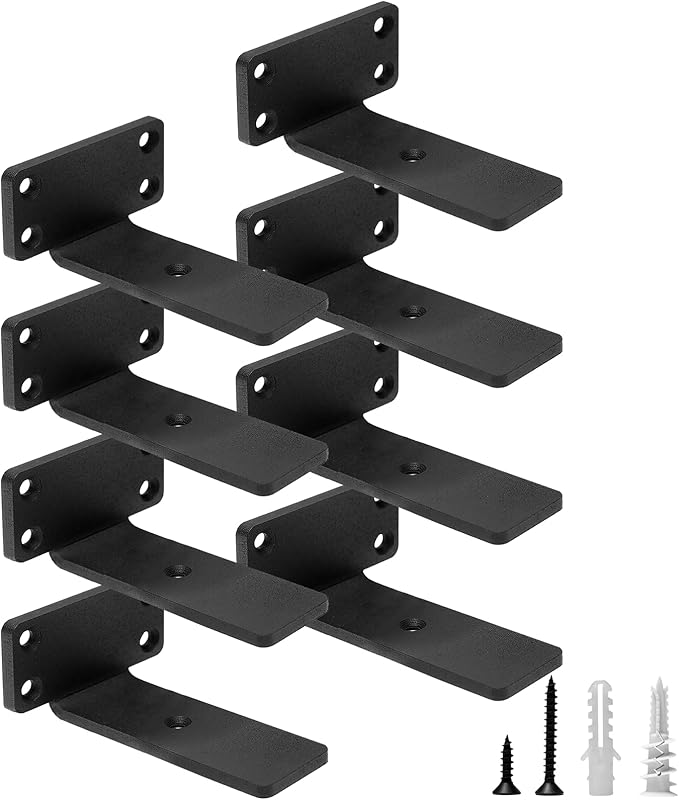 HITOMEN Heavy Duty Floating Shelf Brackets, 4-Inch (1/5'' Thick) Hidden Shelves Hardware, Iron L Brackets, Rustic Industrial Black Metal Wall Shelving Supports, 8 Pack