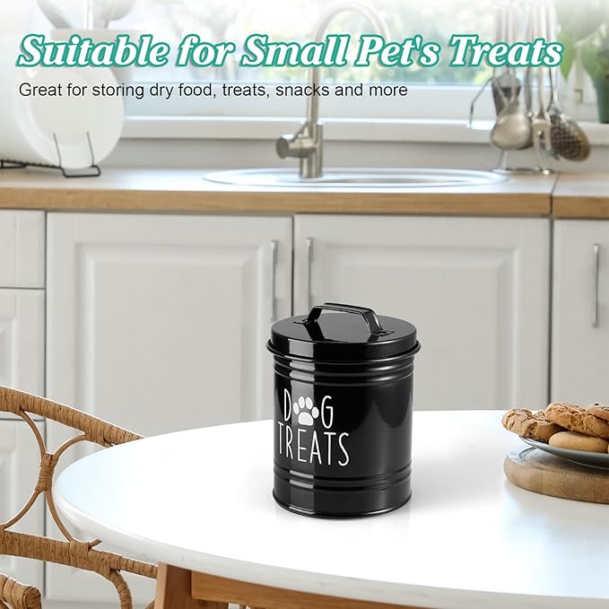 Small Dog Treat Container Airtight - 6" Tall X 4.9" Round Black Dog Treat Jar for Kitchen Counter - Rustic Treat Storage Canister for Dogs, Cats, Small Animals - Gifts for Pet Owners