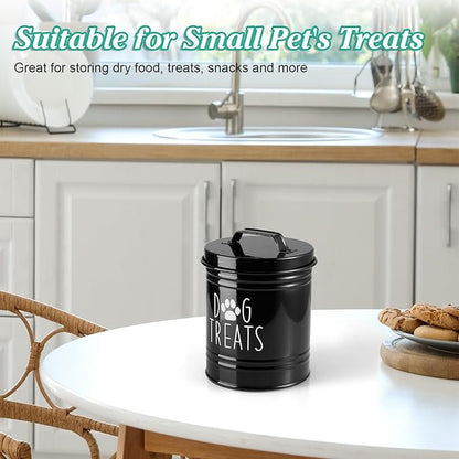 Small Dog Treat Container Airtight - 6" Tall X 4.9" Round Black Dog Treat Jar for Kitchen Counter - Rustic Treat Storage Canister for Dogs, Cats, Small Animals - Gifts for Pet Owners