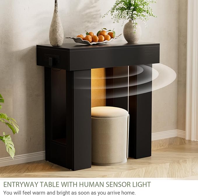 Unikito 32" Entryway Table with Socket and Sensor Light, Narrow Console Table with Storage Behind Couch, Farmhouse Entryway Table for Hallway, Behind the Couch, Living Room, Foyer