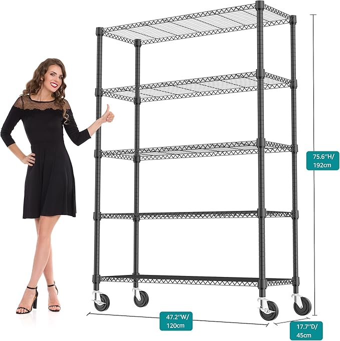 1750LBS 47.2" W 5 Tiers Storage Shelves Metal Shelving Unit with Wheels Heavy Duty Garage Shelving Adjustable Wire Shelves for Pantry,Kitchen,Garage,Basement,Black 17.7" D x 47.2" W x 76.8" H