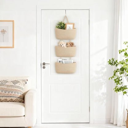 Dahey Over The Door Hanging Basket 3-Tier Woven Boho Wall Mounted Storage Organizer with Hooks for Bedroom Nursery Bathroom Apartments Dorm Pantry Decor, Jute
